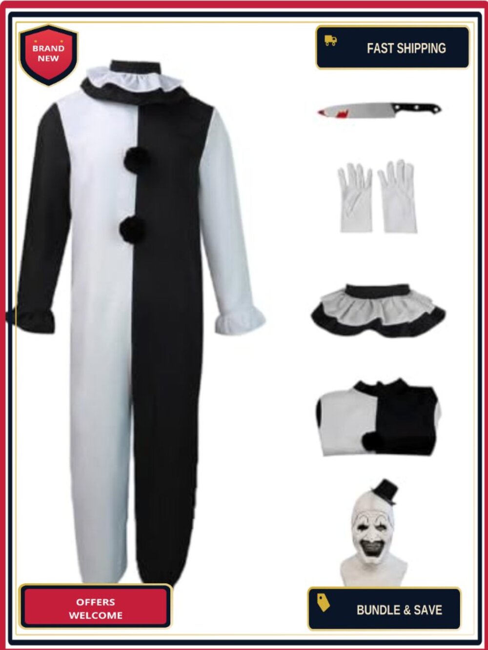 Art Clown Costume Men Uniform Jumpsuit Bodysuit Halloween Cosplay Party